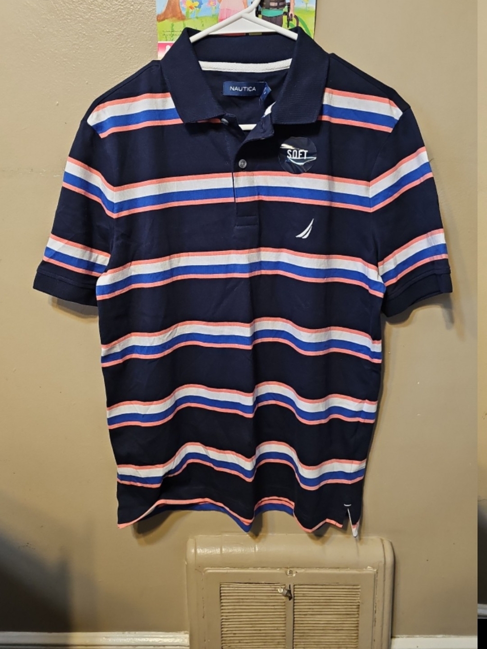 Nautica Navy Polo with White, Pink and Light Blue Stripes